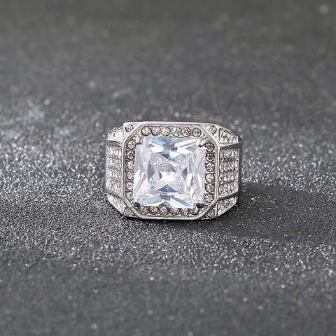 Hip Hop Men Ring Stainless Steel Large Square Zircon Iced Out Punk Style Bold Statement Jewelry