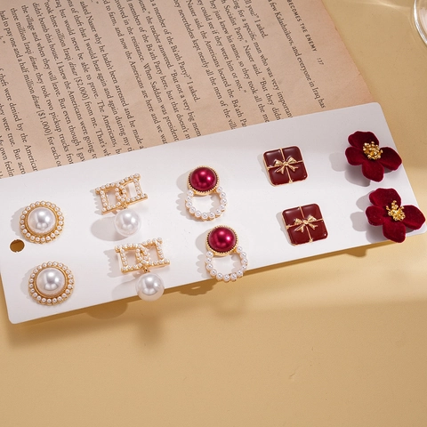 Pendientes De Flor Roja Vintage Perla Artificial De Imitación Aleación Flor Flocada Estilo Francés Mujeres Poste De Plata