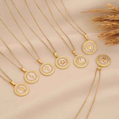 Collana Con Ciondolo A Moneta Rotonda Rame Placcato Oro 18K Madreperla Cuore Croce Stella Gioielli Per Donna