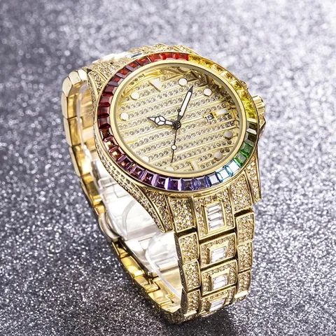 Orologio Da Uomo Lusso Al Quarzo Interamente Incastonato Con Strass Lunetta Arcobaleno Acciaio Inossidabile Placcato Oro Impermeabile Data Business