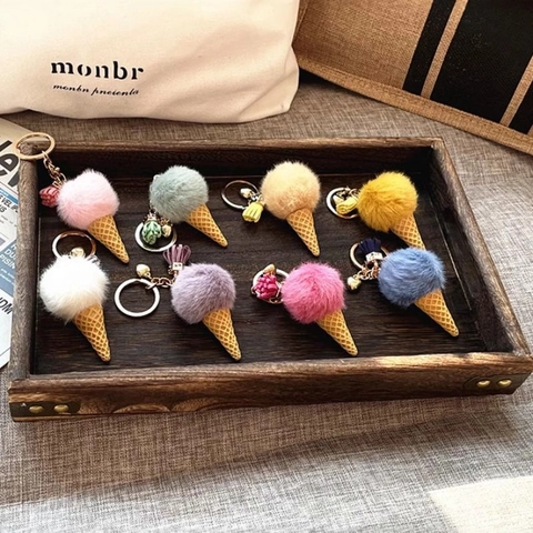 Porte-Clés Peluche Cône De Glace Boule De Poils Douce Gland Pendentif Coeur Décoration Sac Pour Femmes Filles Kawaii