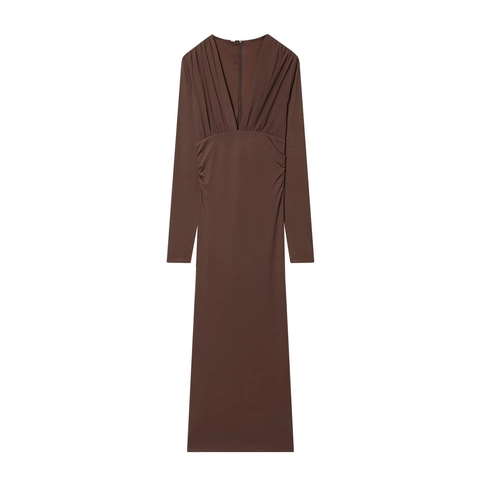 Elegant Deep V Neck Ruched Waist Long Sleeve Bodycon Maxi Dress For Women Solid Color Stretchy Slim Fit Draped Evening Party