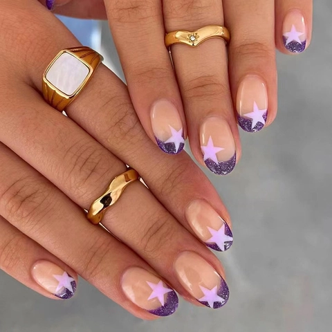 French Style Press On Nails Paarse Glitter Witte Sterren Ovale Ronde Vorm Kunstnagels Voor Vrouwen