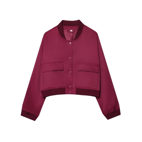 Women Casual Loose Baseball Jacket Wine Red Snap Button Ribbed Long Sleeve Outerwear With Large Pockets For Spring
