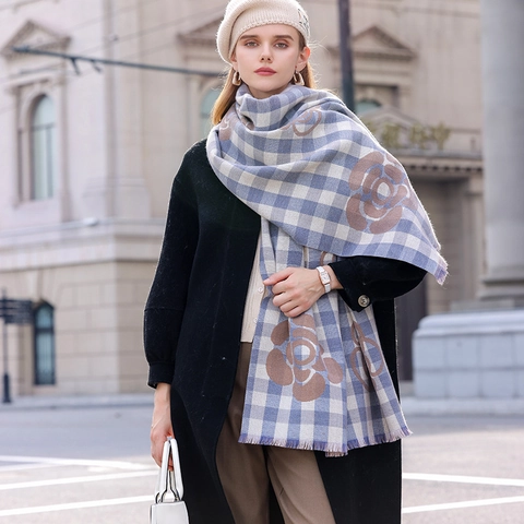 Sciarpa Invernale Imitazione Cashmere Plaid Stampa Floreale Scialle Caldo Con Nappe Morbido Moda Donna