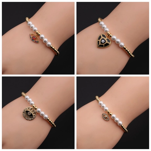 Pulsera Con Colgante De Corazón De Ojo Turco Cobre Circón Esmalte Perlas Artificiales Imitación Perla Artificial Joyería De Moda Bohemia Para Mujeres