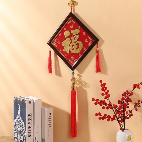 Chinese New Year Fu Character Hanging Decoration Wood Frame Red Satin Tassel Traditional Lunar Spring Festival Home Ornament