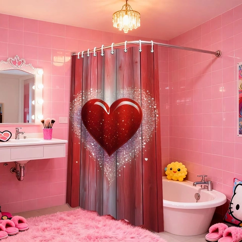 Valentine's Day Heart Red Retro Truck Shower Curtain Waterproof Polyester Wood Grain Fabric Bathroom Decor With Hooks
