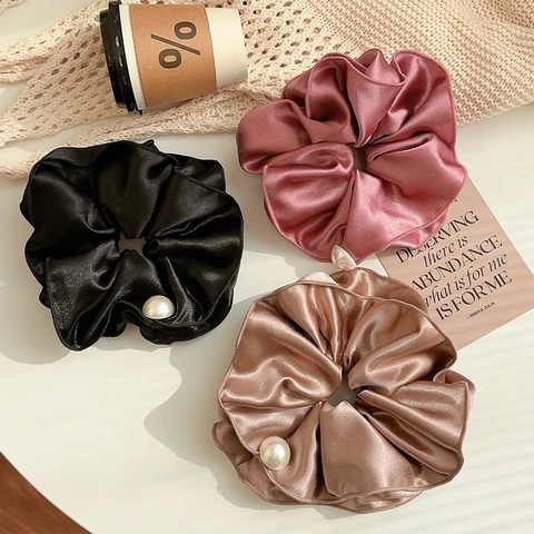 Satin Scrunchie With Faux Artificial Pearl Elegant Pleated Hair Tie Elastic Ponytail Holder French Style Accessories Women
