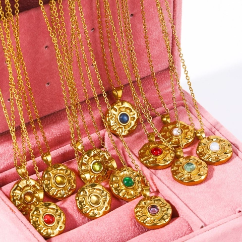 Collana Con Pendente Pietra Di Nascita Acciaio Inossidabile Placcato Oro Martellato Medaglione Moneta Tonda Gioielli Vintage Donna