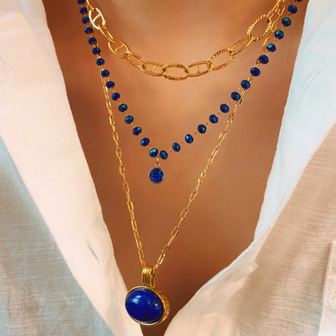 Collana A Strati Vintage Lega Placcata Oro Catena Naso Di Maiale Perla Di Vetro Blu Ciondolo Pietra Preziosa Ovale