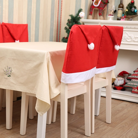 Housse De Chaise Nappe De Noël Tissu Non Tissé Design Bonnet De Père Noël Rouge Blanc Décoration De Fête