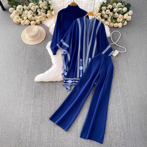 Damen Strickjacke Mit Unregelmäßig Gestreifter Strickjacke Langarm Oberteil Und Weite Hose Geometrischer Tribal Druck Elegant