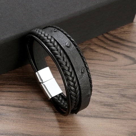Men Braided Leather Bracelet Multi Layer Alloy Magnetic Clasp Retro Punk Hand Woven Fashion Bangle