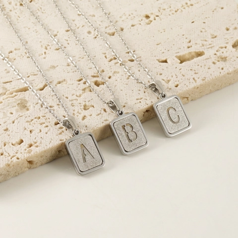 Hollow Initial Letter Pendant Necklace Stainless Steel Frosted Square Tag Minimalist Fashion Jewelry For Women
