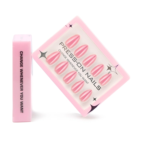 Unghie Finte A Pressione Rosa Perla Artificialto Finitura Polvere Specchio Forma Mandorla Stiletto Lucido Elegante Per Donne