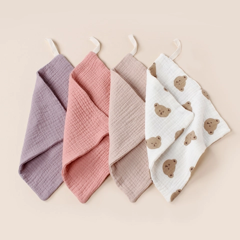 Baby Muslin Washcloths Pure Cotton Soft Absorbent Face Towels For Newborn Toddlers With Hanging Loop Printing Solid Color