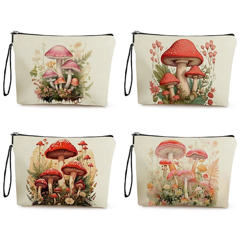 Borsa Da Trucco Con Stampa A Fungo Lino Fine Pochette Da Toletta Con Cerniera Cinturino Da Polso Organizzatore Da Viaggio Per Donne