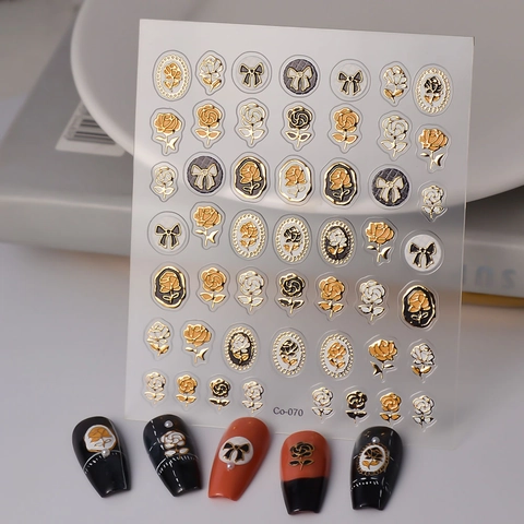 Embossed Nail Art Stickers Vintage Rose Heart Bow Waterproof Metallic Self Adhesive Relief Gold White Black Decor