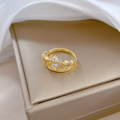 Crown Ring Brass Gold Plated Cubic Zirconia Hollow Heart Shape Adjustable Open Ring Jewelry For Women Elegant Gift