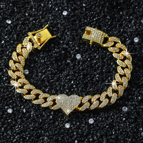 Hip Hop Iced Out Herz Cuban Link Armband Unisex Zinklegierung Pave Strass Patchwork Kette Armband Modeschmuck Geschenk