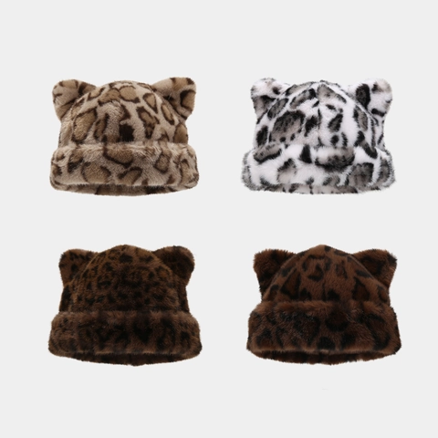 Leopardenmuster Plüsch Beanie Mütze Mit Katzen Fuchs Ohren Kunstpelz Warm Dick Winter Pullover Für Damen Retro Stil