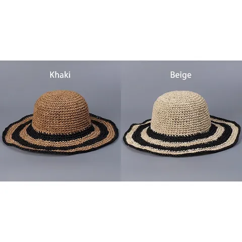 Chapeau De Soleil En Paille Femme Tissé À La Main Large Bord Pliable Respirant Rayé Papier Plage Vacances Été Fil