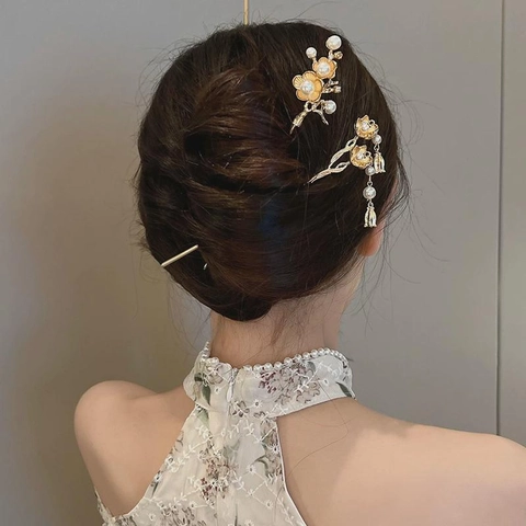 Bastoncino Per Capelli Fiore In Metallo Stile Retro Cinese Perla Artificial Nappa Forcina Per Capelli Accessorio Per Hanfu Qipao Donne Eleganti