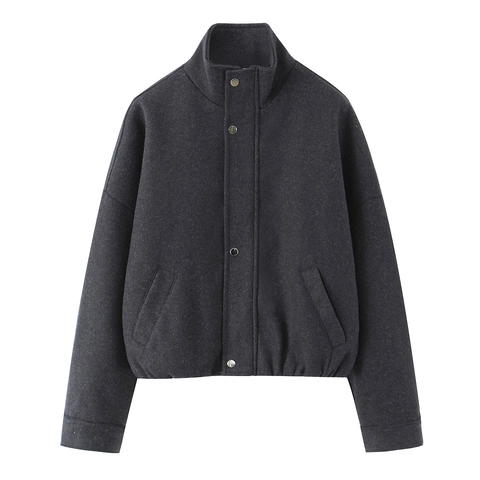 Women Stand Collar Short Flight Jacket Solid Color Woolen Texture Bomber Coat With Snap Buttons And Pockets Streetwear