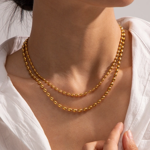 Collier Double Couche De Perles En Acier Inoxydable Plaqué Or 18K Style Hip Hop Bijoux De Mode Pour Femmes Tendances