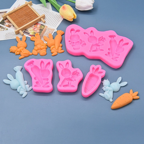 Easter Bunny And Carrot Silicone Mold For Fondant Chocolate Cake DIY Baking Tool Cartoon Rabbit Animal Shape Pink