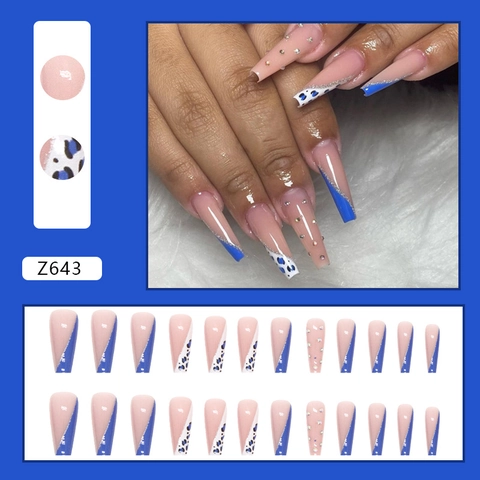 Coffin Press On Nails Lunghe French Trasversale Blu Leopardo Glitter Strass Moda Unghie Finte