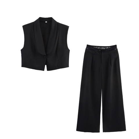 Dames Vest En Wijde Pijpen Broek Outfits Kant Patchwork Mouwloos V Hals Polyester Elegant Kantoor Dame Woon Werkverkeer