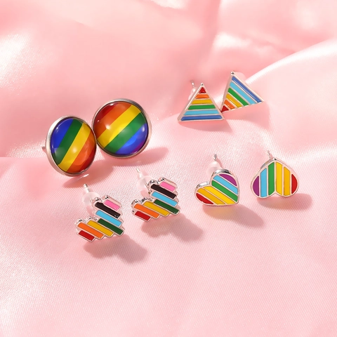 Boucles d'Oreilles Clous Arc-en-Ciel Cœur Triangle Rond Alliage Émail Pride LGBTQ Bijoux Femme Style Coréen