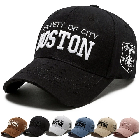 Casquette De Baseball Broderie Boston Vintage Bord Usé Coton Ajustable Chapeau De Soleil Décontracté Hommes Femmes