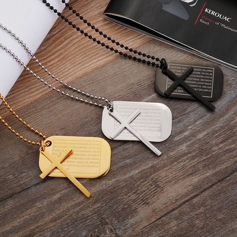Roestvrijstalen Kruis Hanger Dog Tag Ketting Gegraveerd Onzevader Dubbele Hanger Bolletjesketting Hip Hop Heren Dames