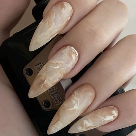 Long Stiletto Press On Nails Marble Pattern Nude Pink Glossy Minimalist Artificial Fingernails For Women