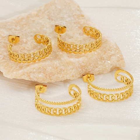 Französische Vintage Durchbrochene Geometrische Creolen Edelstahl 18K Vergoldet Strukturierte C Form Schmuck Für Damen