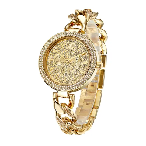 Luxury Iced Out Men Quartz Watch Full Rhinestone Hip Hop Cuban Link Chain Strap Waterproof Fashion Decorative Wristwatch