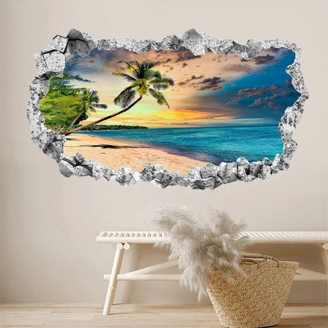 3D Broken Wall Sticker PVC Self Adhesive Beach Sunset Landscape Window View Decor For Bedroom Living Room