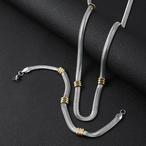 Collana Bracciale A Catena Di Serpente Piatta Per Donna Acciaio Inossidabile Con Perle Dorate Gioielli Bicolore Versatili