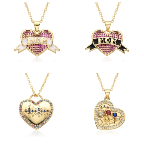Mother's Day Heart Pendant Necklace Gold Copper Rhinestone MOM Letter Heartbeat Pattern Fashion Jewelry Gift For Women