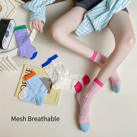 Chaussettes Femmes Mélange Coton Évidé Maille Respirant Couleur Contrastée Absorbant La Transpiration Style Japonais Mode