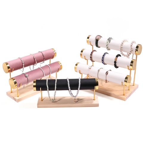 Jewelry Display Stand Wooden Base Gold Metal Support Multi Layer T Bar Bracelet Watch Organizer Velvet PU Leather Rack