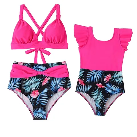 Trajes De Baño A Juego Para Madre E Hija Estampado Tropical Bikini Halter Cintura Alta Bañador Con Volantes Nylon Playa