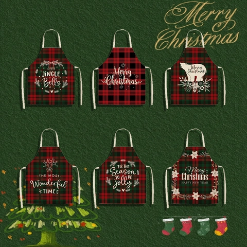 Christmas Apron Cotton Linen Plaid Santa Reindeer Print Kitchen Cooking Protective For Adults Kids Holiday Decoration