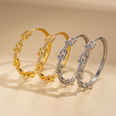 Boucles D'oreilles Créoles Chaîne En U Zircon Cuivre Plaqué Or 18K Tige En Argent Sterling 925 Géométrique Femmes