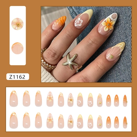 Sunset Orange Gradient Press On Nails 3D Flower Sea Star Decor Almond Shape French Style Elegant Women