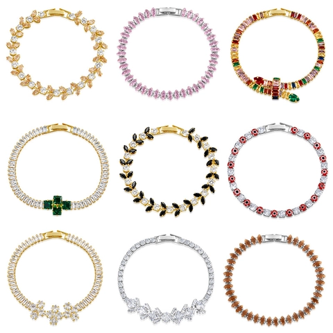 Bracciale Zircone Taglio Marquise Rame Placcato Lusso Tennis Bangle Occhio Del Male Forma Foglia Gioielli Eleganti Donna Accessorio Moda