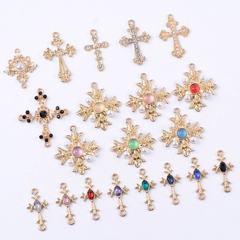 Cross Pendants Alloy KC Gold Plated Faux Artificial Pearl Rhinestone DIY Jewelry Making Charms Retro Baroque Style Connectors